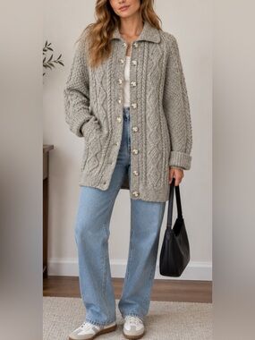 Vintage Black Sheep Great Britain L Pure Oiled Wool Cable Knit Cardigan Sweater